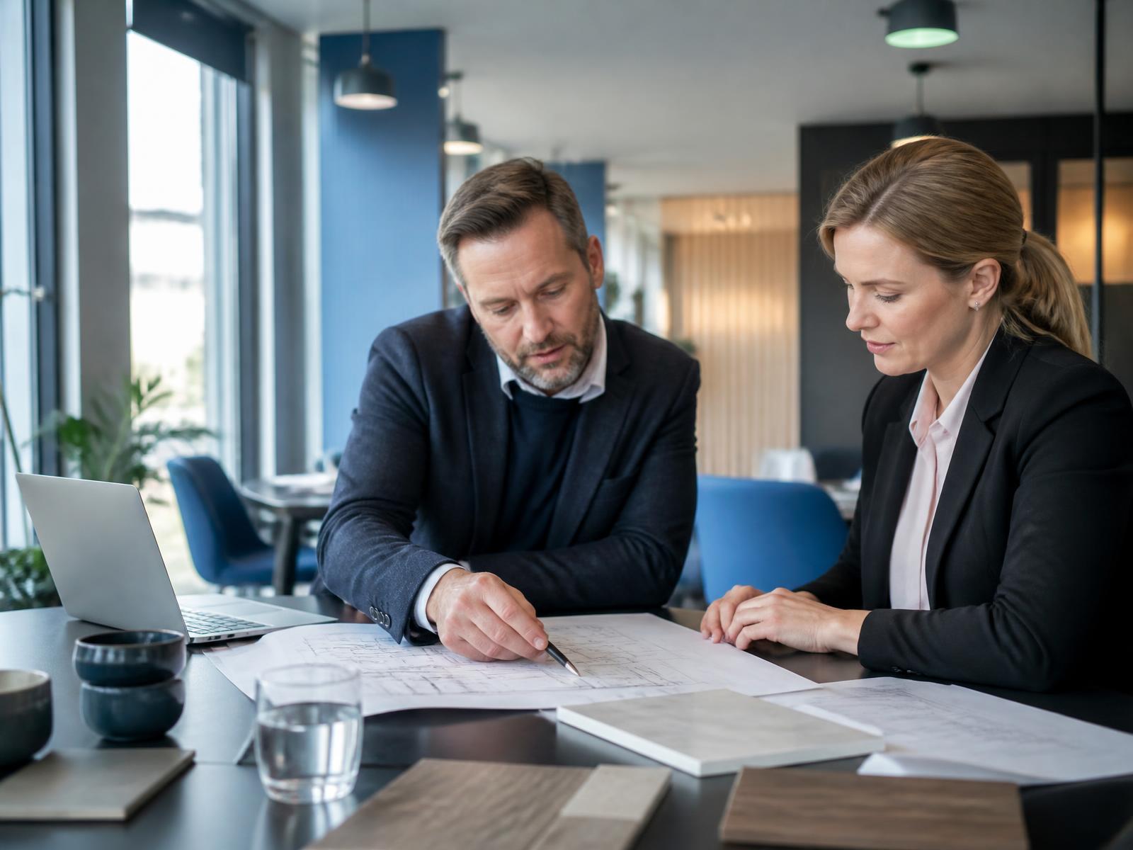 Projektledare och säljare går igenom ritningar och produktlistor